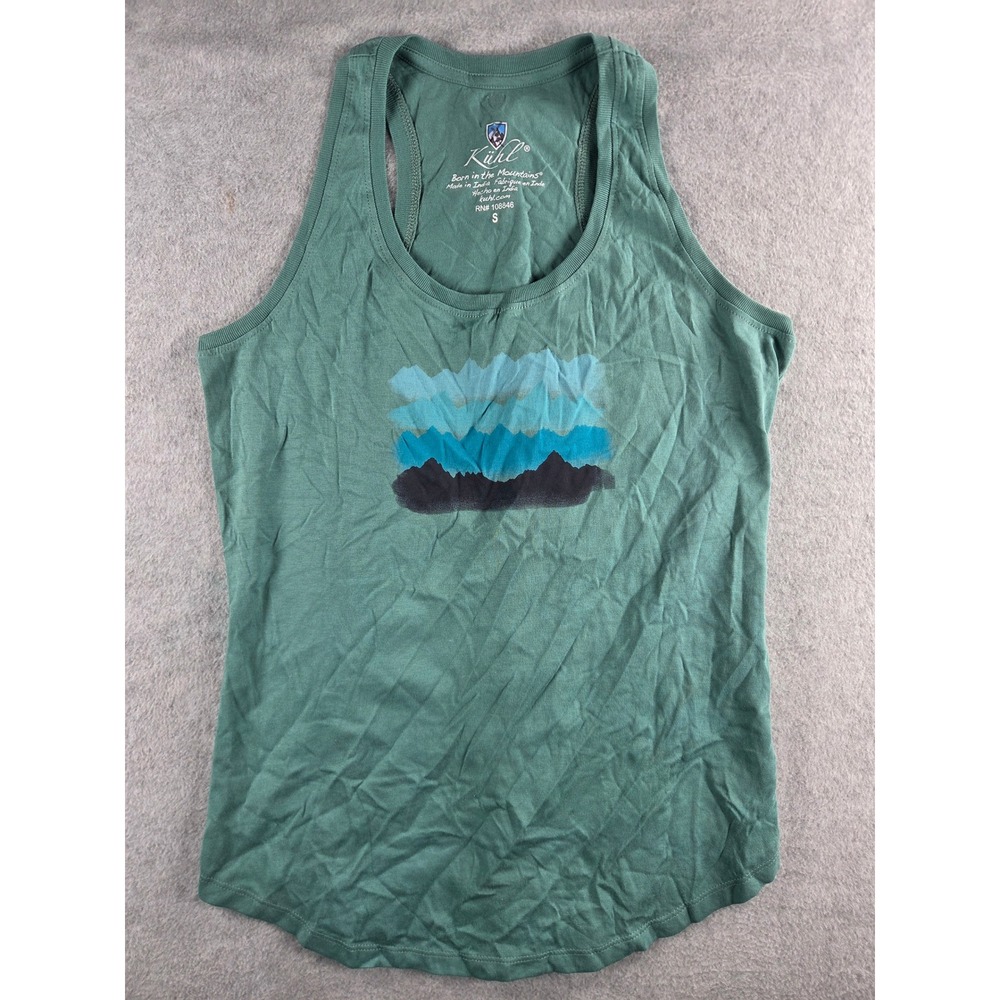 Kuhl Tank Top Women Small Green Mountain Graphic Racerback Hiking Activewear